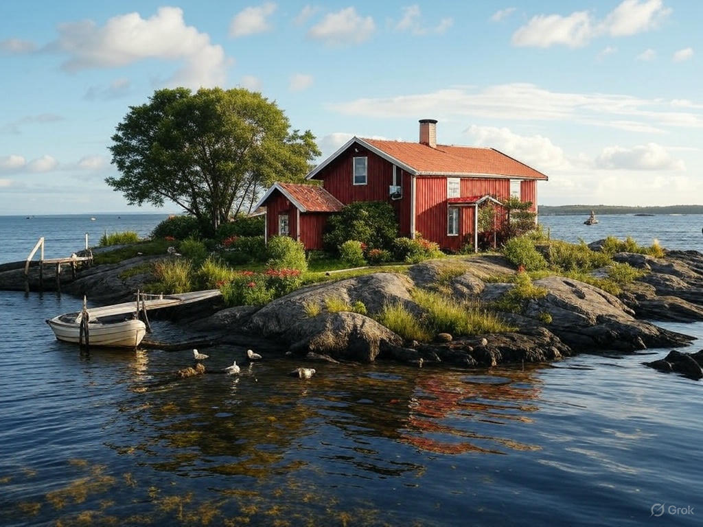AI generated swedish archipilagio summer setting.